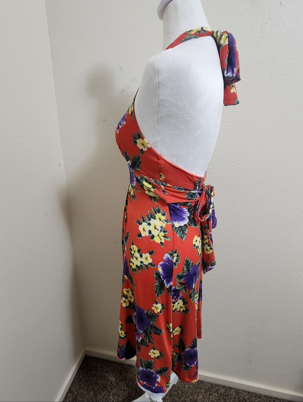 💐VTG Free People Red Tropical Floral Halter Hawaiian Dress Size S Boho Beach - Picture 6 of 16